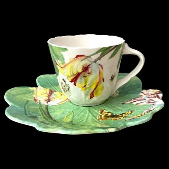 Spode Floral Haven Cup & Saucer Set Scalloped Butterfly Bee England Vintage - Picture 3 of 7